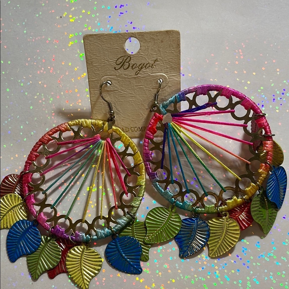 Colorful Hoop Earrings with Leaf Accents